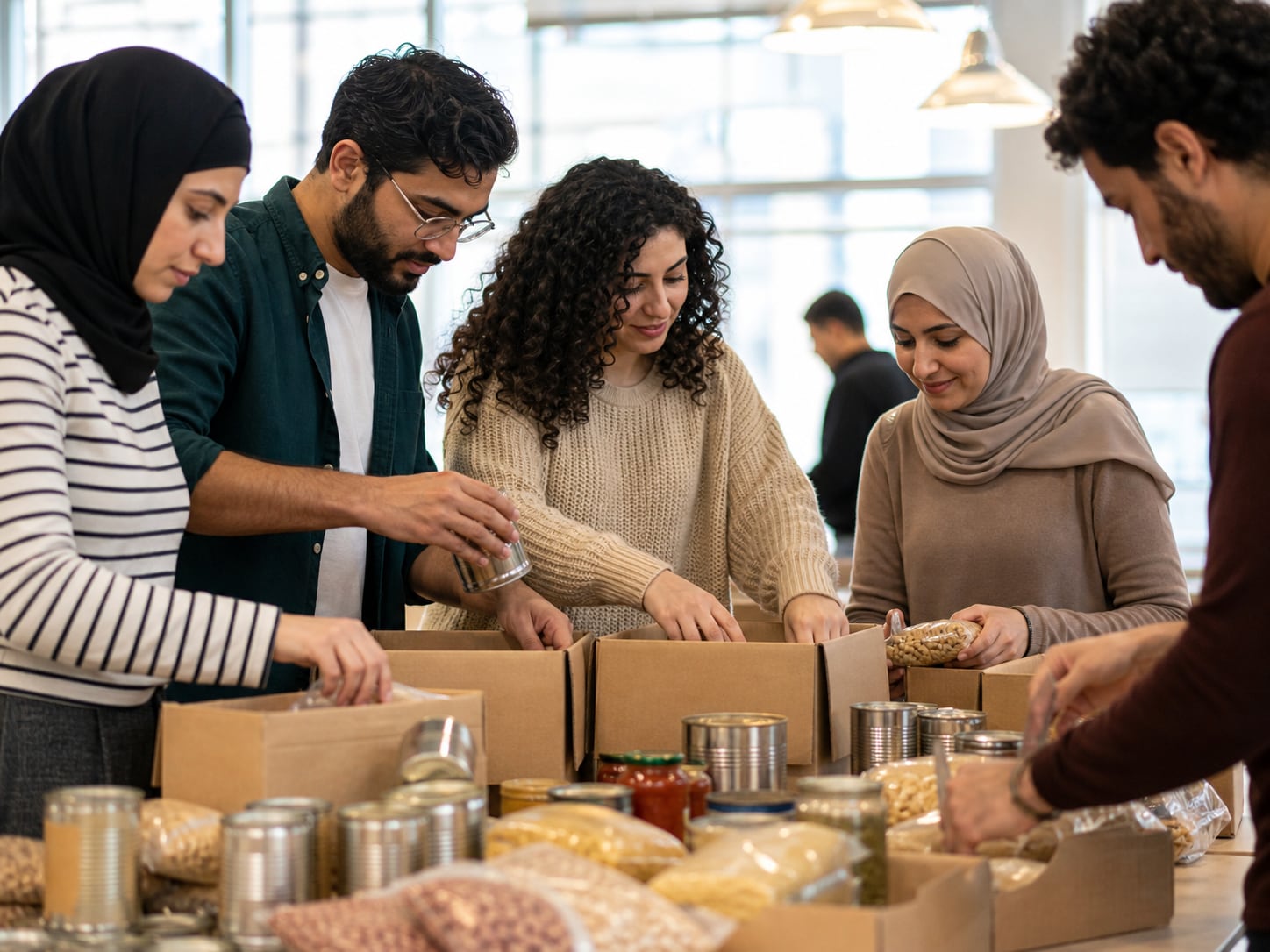 Illustration of Volunteers preparing food and relief boxes together