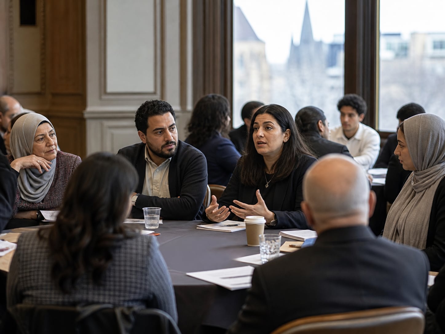 Illustration of Community members in a thoughtful civic roundtable conversation
