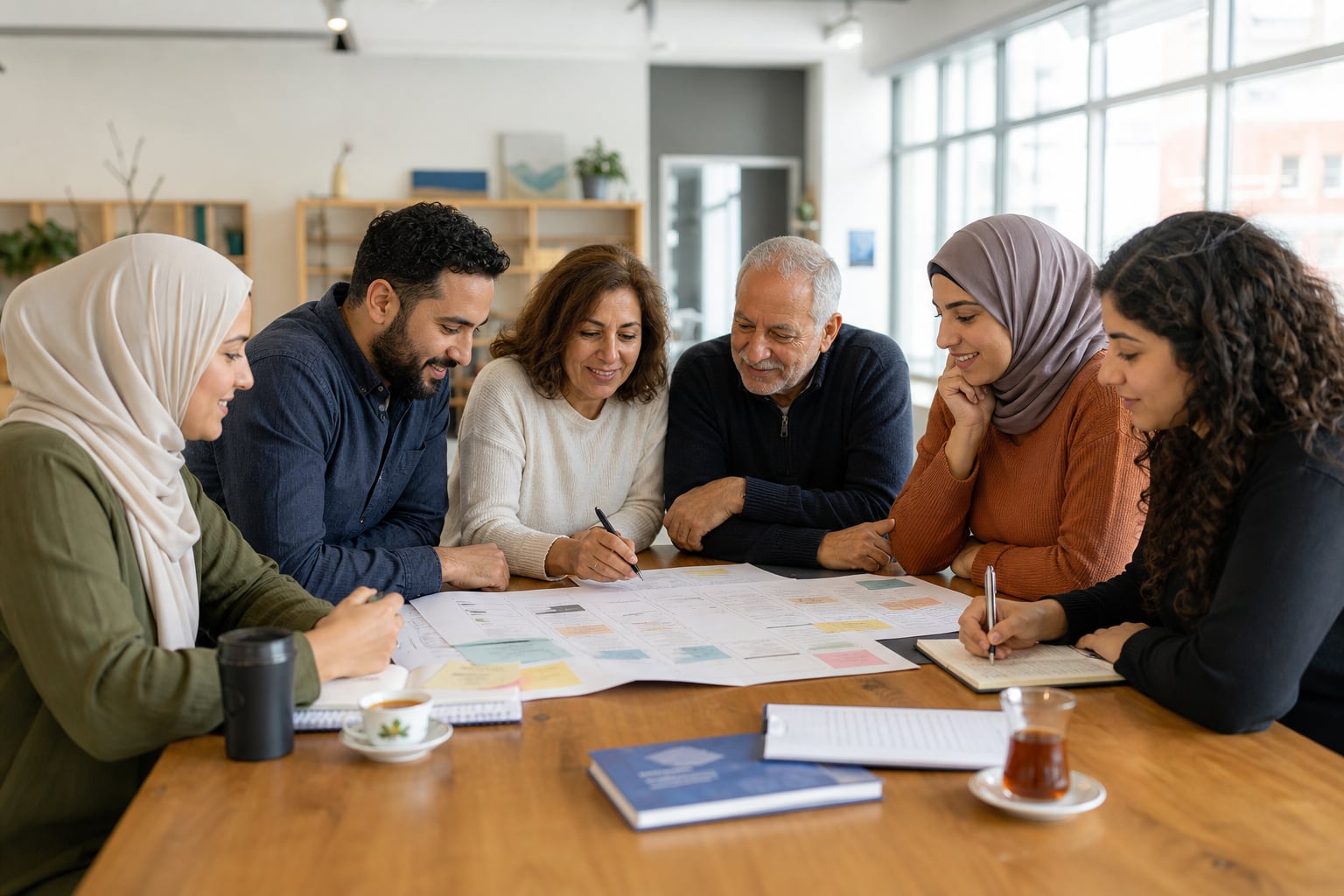Illustration of Community organizers planning a gathering together around a table